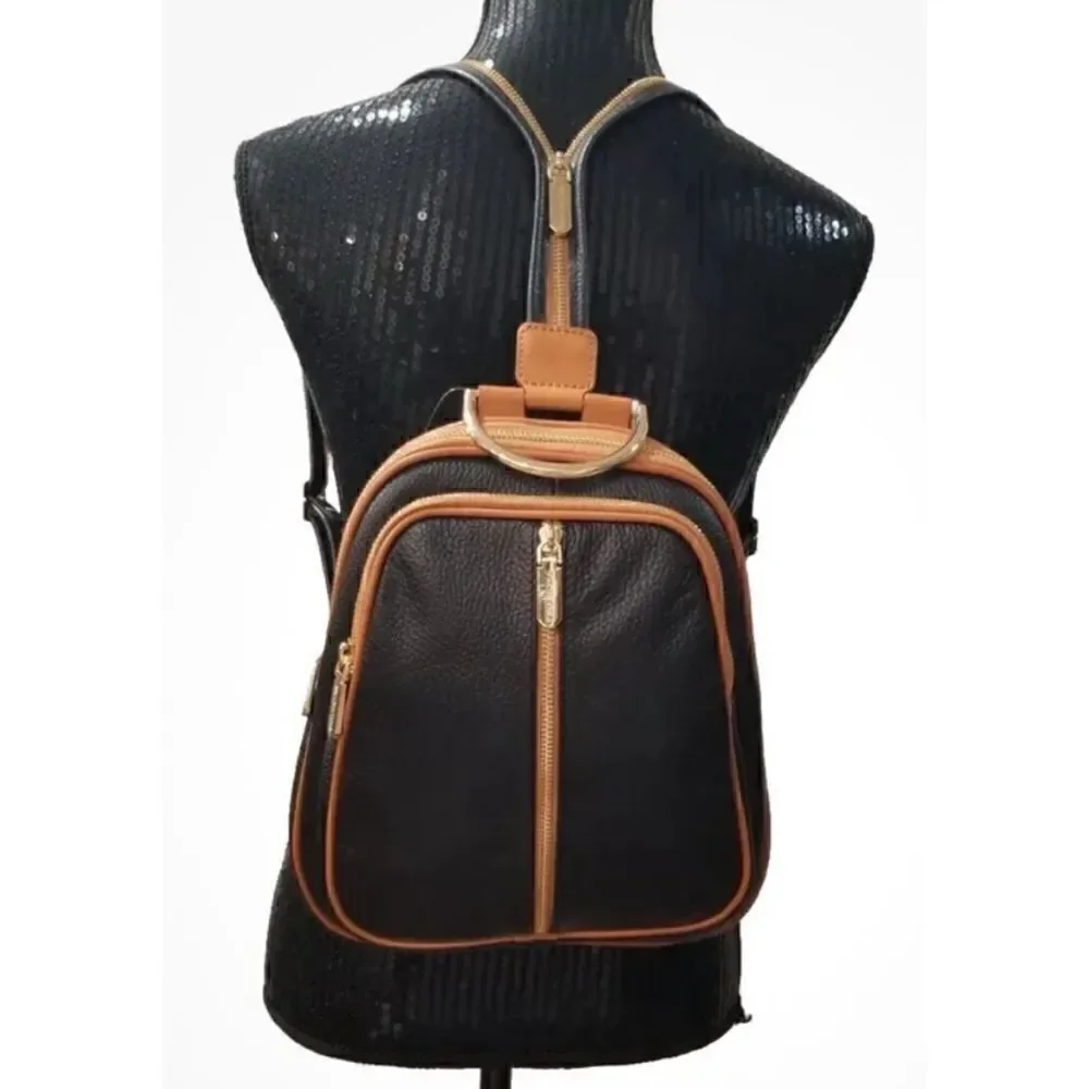 VALENTINA Convertible Pebbled Leather Backpack/ Shoulder Bag in Black